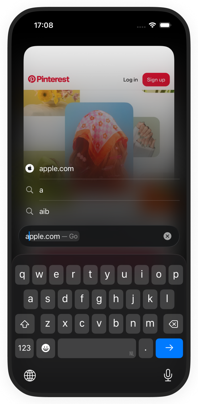 Vanilla Browser search interface on iPhone with keyboard and search suggestions