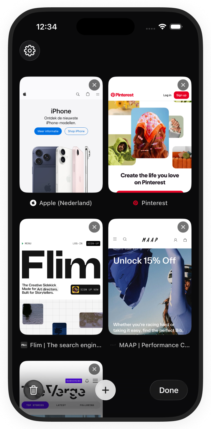 Vanilla Browser tab overview on iPhone with multiple open tabs